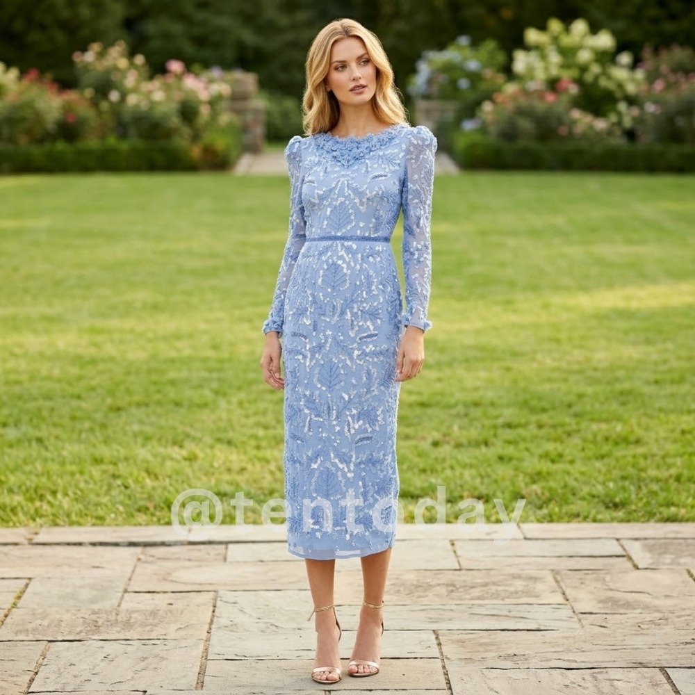 $498 Mac Duggal Size 4‎ Periwinkle Blue Long Sleeve Floral Sequin Midi Dress